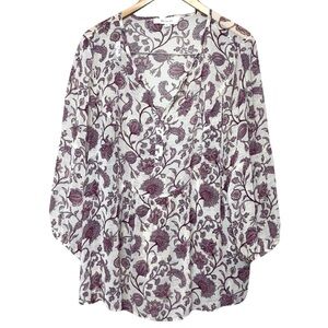 Vince Camuto Floral Print Sheer Puff Sleeve Peasant Top Blouse Women's XL